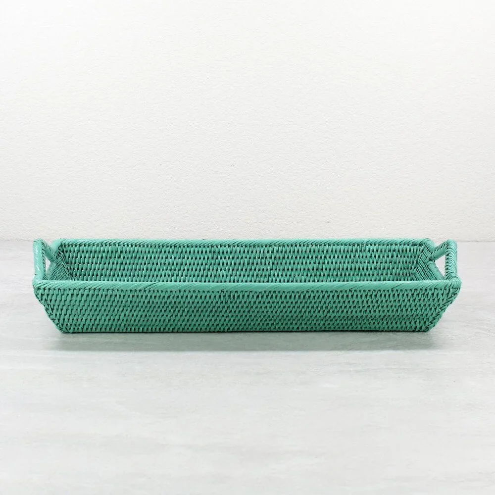 NEW Handwoven Long Large Rattan Serving Tray with Handles-Turquoise